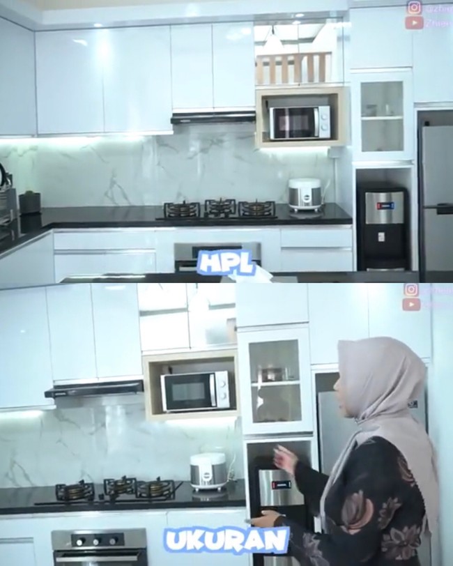 Ia kemudian memperlihatkan ruang dapur ukuran 210 x 375 cm dan meja depan 80 x 16 5cm. Bahan kitchen set menggunakan HPL dan untuk kompor dari bahan granit. Foto: Dok. Youtube Zhiee Leely.