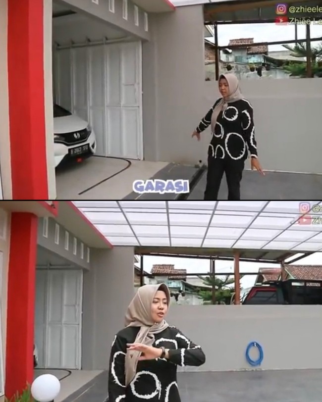 Berkat kerja kerasnya, Zhiee berhasil merenovasi rumahnya di kampung. Ia membuat video tur rumahnya yang baru yang berlantai dua dan ukuran cukup luas. Ia mulai memperlihatkan bagian depan rumahnya yang terdapat taman dengan konsep minimalis, carport dan bagasi. Foto: Dok. Youtube Zhiee Leely.