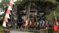 Wisatawan asing melihat kuburan batu di objek wisata Loko Mata di Kabupaten Toraja Utara, Sulawesi Selatan. Objek wisata berupa batu besar berisi kuburan keluarga warga setempat tersebut menjadi wisata budaya yang ramai dikunjungi wisatawan lokal maupun mancanegara. 
