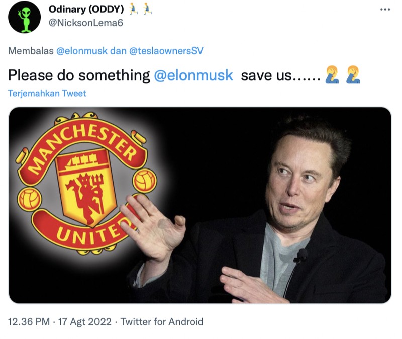 Di akun Twitter miliknya, Elon Musk bikin heboh dengan berkicau membeli klub sepakbola Manchester United. Namun tak lama berselang, ia mengklarifikasinya bahwa itu sebuah kelakar saja.