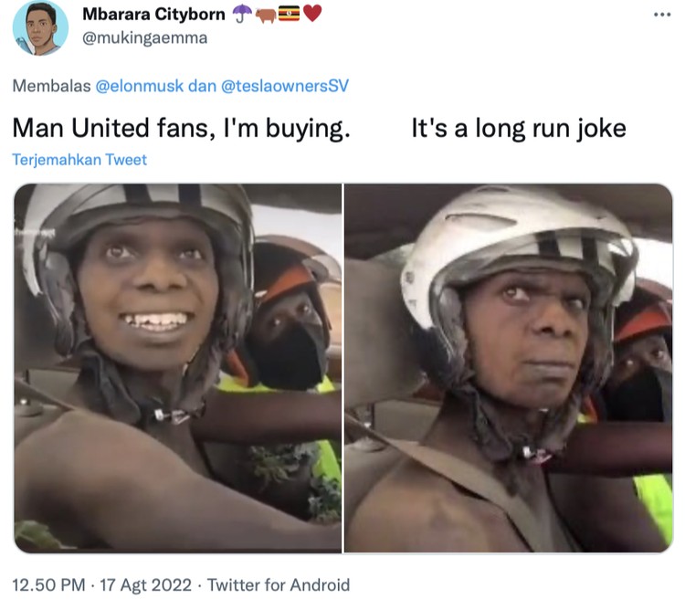 Elon Musk beli MU Di akun Twitter miliknya, Elon Musk bikin heboh dengan berkicau membeli klub sepakbola Manchester United. Namun tak lama berselang, ia mengklarifikasinya bahwa itu sebuah kelakar saja.