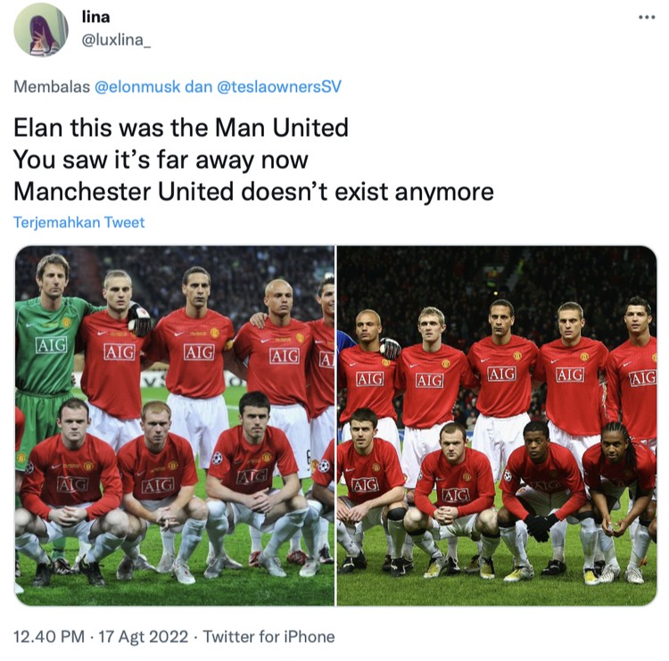 Elon Musk beli MU Di akun Twitter miliknya, Elon Musk bikin heboh dengan berkicau membeli klub sepakbola Manchester United. Namun tak lama berselang, ia mengklarifikasinya bahwa itu sebuah kelakar saja.
