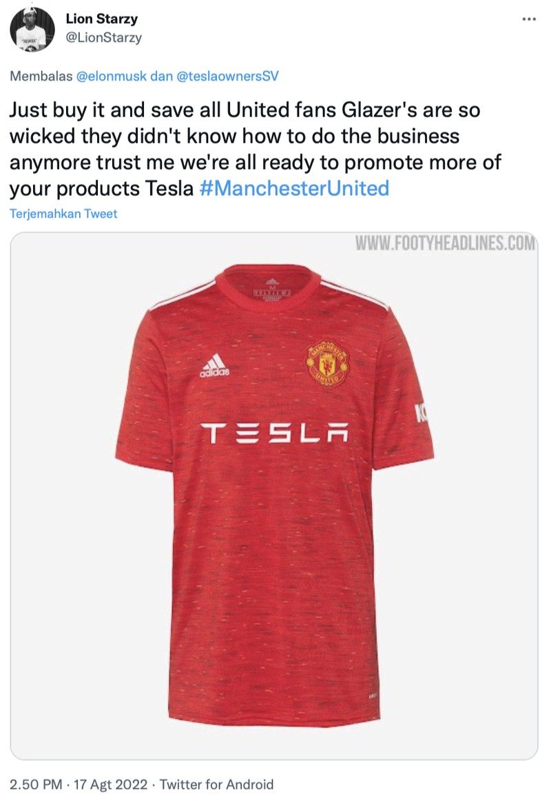 Di akun Twitter miliknya, Elon Musk bikin heboh dengan berkicau membeli klub sepakbola Manchester United. Namun tak lama berselang, ia mengklarifikasinya bahwa itu sebuah kelakar saja.