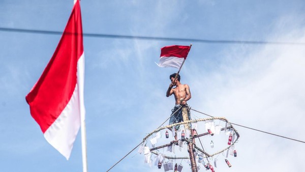 Pemenang! Seorang peserta mengibarkan bendera merah putih saat berhasil memanjat pohon pinang dalam lomba panjat pinang kemerdekaan di Kelurahan Langkai, Palangka Raya, Kalimantan Tengah, Sabtu (13/8/2022). (Makna Zaezar/Antara) Pemenang! Seorang peserta mengibarkan bendera merah putih saat berhasil memanjat pohon pinang dalam lomba panjat pinang kemerdekaan di Kelurahan Langkai, Palangka Raya, Kalimantan Tengah, Sabtu (13/8/2022). (Makna Zaezar/Antara)