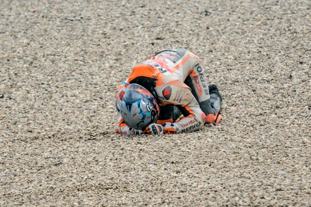 SCARPERIA, ITALY - MAY 29: Pol Espargaro of Spain and Repsol Honda Team after his crash during the race of the MotoGP Gran Premio d'Italia Oakley at Mugello Circuit on May 29, 2022 in Scarperia, Italy. (Photo by Steve Wobser/Getty Images)