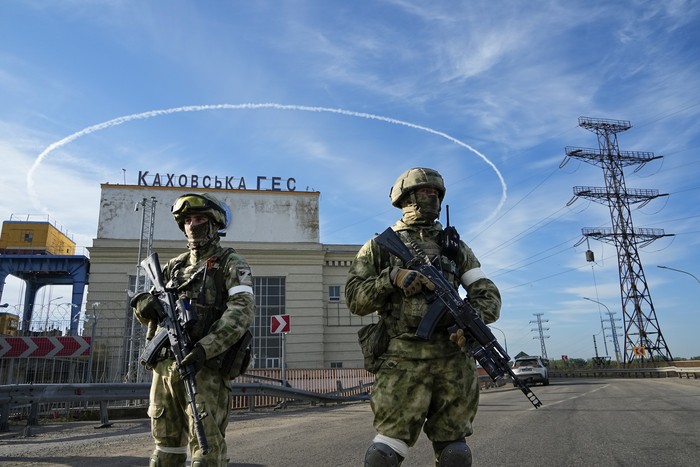 FILE - A Russian serviceman guards an area of the Zaporizhzhia Nuclear Power Station in territory under Russian military control, southeastern Ukraine, May 1, 2022. Russia and Ukraine have trade blame over shelling of the Zaporizhzhia nuclear power plant, Europes largest. This photo was taken during a trip organized by the Russian Ministry of Defense. (AP Photo, File)