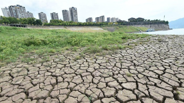 YUNYANG, CHINA - AUGUST 16 2022: A view of the riverbed revealed after the water level dropped in the Yangtze River in Yunyang county in southwest China's Chongqing Municipality Tuesday, Aug. 16, 2022. China is experiencing a long-lasting heat wave since July, forcing factories to reduce production. (Photo credit should read RAO GUOJUN/ Feature China/Future Publishing via Getty Images)