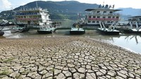 Pemandangan dermaga di dasar sungai setelah permukaan air turun di Sungai Yangtze. Stasiun cuaca nasional mencatat suhu udara juga tembus rekor dengan 40 derajat Celsius. Pusat cuaca meramalkan suhu panas di Lembah Sichuan dan sebagian besar wilayah Cina tengah akan berlanjut sampai 26 Agustus. Daerah lain di sekitar Yangtze juga meluncurkan program penyemaian awan. Sayangnya, awan terlalu tipis untuk dibuat hujan buatan. (VCG/Getty Images)