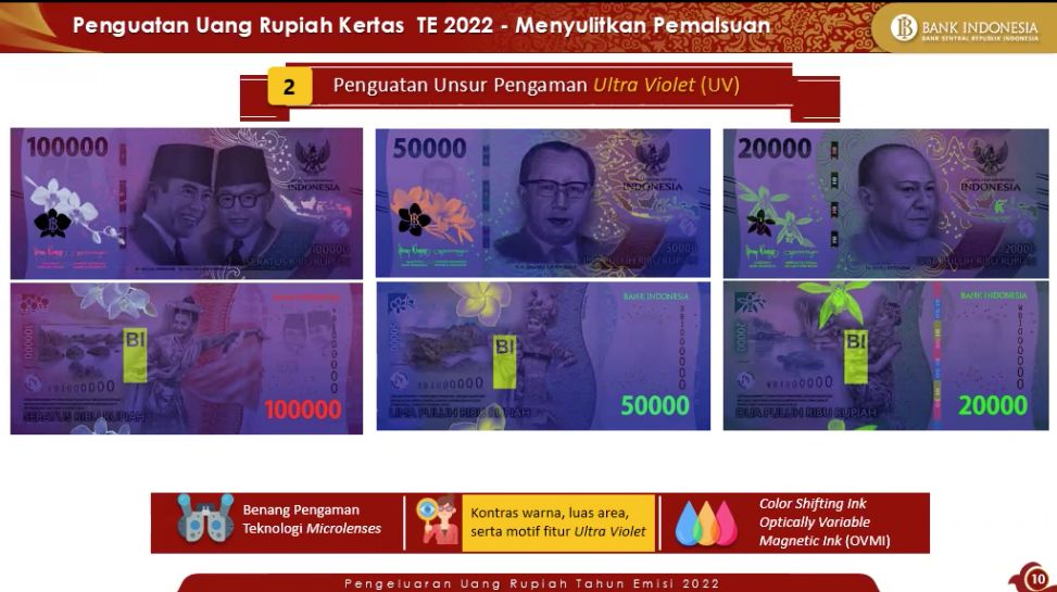 Penguatan unsur pengamanan Ultra Violet (UV) pada Uang Rupiah Kertas Emisi 2022. (Dok. BI)