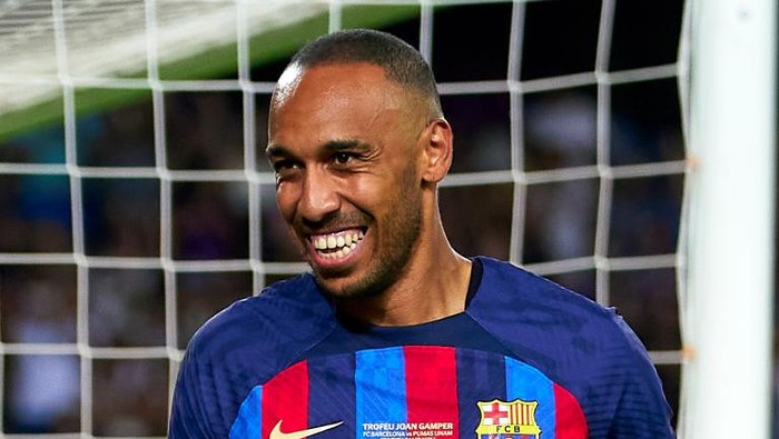 BARCELONA, SPAIN - AUGUST 07: Pierre-Emerick Aubameyang of FC Barcelona celebrates a goal during the Joan Gamper Trophy match between FC Barcelona and Pumas UNAM at Camp Nou on August 07, 2022 in Barcelona, Spain. (Photo by Pedro Salado/Quality Sport Images/Getty Images)