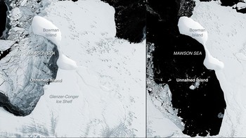 Runtuhnya Lapisan Es di Pulau Baru, Antartika Timur 1989 vs 2022 Foto: NASA
