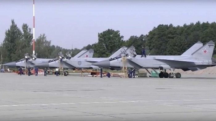 In this handout photo taken from video released by Russian Defense Ministry Press Service on Thursday, Aug. 18, 2022, three MiG-31 fighter jets of the Russian air force stand after lending at the Chkalovsk air base in the Kaliningrad region. The Russian Defense Ministry said three MiG-31 fighters equipped to carry Kinzhal hypersonic missiles were deployed to the region as part of 
