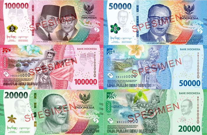 Pemerintah dan Bank Indonesia (BI) telah meluncurkan uang rupiah kertas tahun emisi (TE) 2022. Ada 7 uang pecahan yang secara resmi diedarkan, Rp 100.000, Rp 50.000, Rp 20.000, Rp 10.000, Rp 5.000, Rp 2000, dan Rp 1000. Berikut ini tampak depan dan belakang uang rupiah baru 2022, dikutip dari laman resmi Bank Indonesia.
