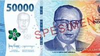 Tampak depan pecahan Rp 50.000 menampilkan Tokoh Pahlawan Nasional Republik Indonesia Ir. H. Djuanda Kartawidjaja sebagai gambar utama. Terdapat lambang negara Garuda Pancasila, gambar kepulauan Indonesia, Bunga Jepun Bali, dan motif khas Indonesia.