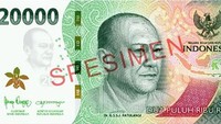 Tampak depan uang kertas Rp 20.000 menampilkan Tokoh Pahlawan Nasional Republik Indonesia Dr. G.S.S.J. Ratulangi sebagai gambar utama. Terdapat lambang negara Garuda Pancasila, gambar kepulauan Indonesia, Bunga Anggrek Hitam, dan beberapa motif khas Indonesia.