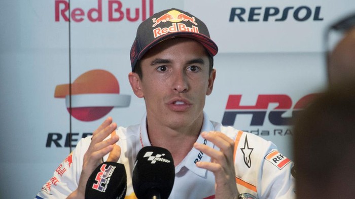 SPIELBERG, AUSTRIA - AUGUST 18: Marc Marquez of Spain and Repsol Honda Team speaks in hospitality during the specialpress conference during the  MotoGP of Austria - Previews at Red Bull Ring on August 18, 2022 in Spielberg, Austria. (Photo by Mirco Lazzari gp/Getty Images)