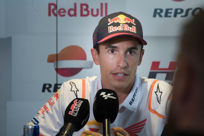 SPIELBERG, AUSTRIA - AUGUST 18: Marc Marquez of Spain and Repsol Honda Team speaks in hospitality during the specialpress conference during the  MotoGP of Austria - Previews at Red Bull Ring on August 18, 2022 in Spielberg, Austria. (Photo by Mirco Lazzari gp/Getty Images)