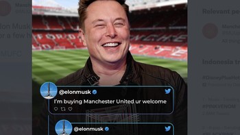 Ini cuitan Elon Musk yang mengaku membeli MU tapi kemudian hanya bercanda. Ia mengaku MU adalah tim favoritnya saat kecil. Foto: Twitter