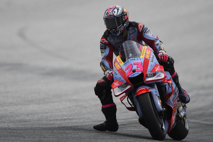 Ducati Gresini Racings Italian rider Enea Bastianini rides during the third free practice session of the MotoGP Austrian Grand Prix at the Redbull Ring racetrack in Spielberg on August 20, 2022. (Photo by VLADIMIR SIMICEK / AFP) (Photo by VLADIMIR SIMICEK/AFP via Getty Images)