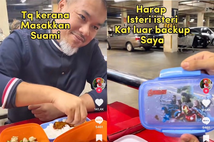 Suami makan bekal dari istri, kotak makan bikin salfok.