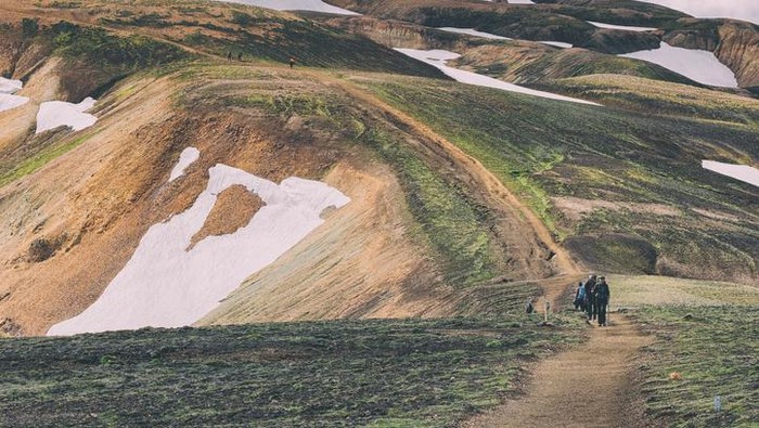 Landmannalaugar, Iceland - July 4th 2017, Hikers trekking the beautiful Landmannalaugar Valley in Laugavegur Trail.