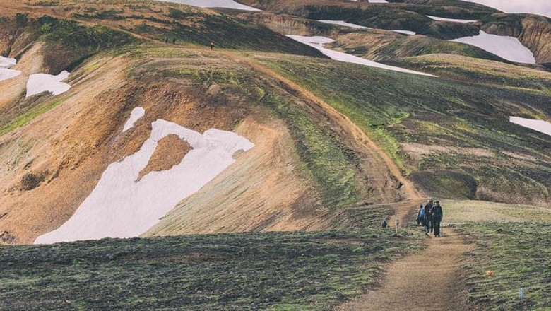 Landmannalaugar, Iceland - July 4th 2017, Hikers trekking the beautiful Landmannalaugar Valley in Laugavegur Trail.