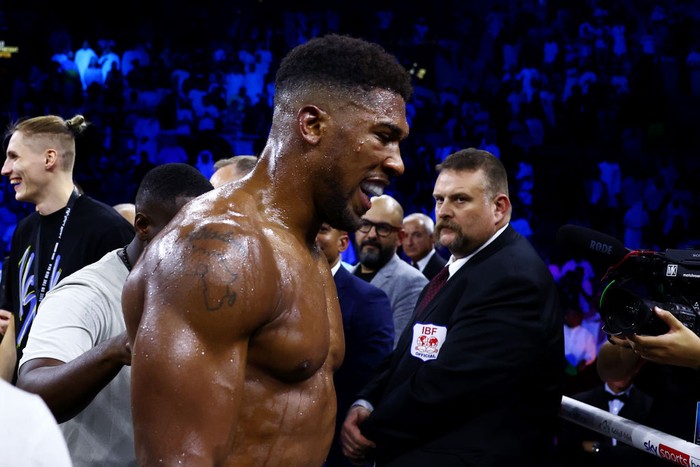 JEDDAH, SAUDI ARABIA - AUGUST 20: Anthony Joshua reacts during a press conference after the Rage on the Red Sea Heavyweight Title Fight at King Abdullah Sports City Arena on August 20, 2022 in Jeddah, Saudi Arabia. (Photo by Francois Nel/Getty Images)