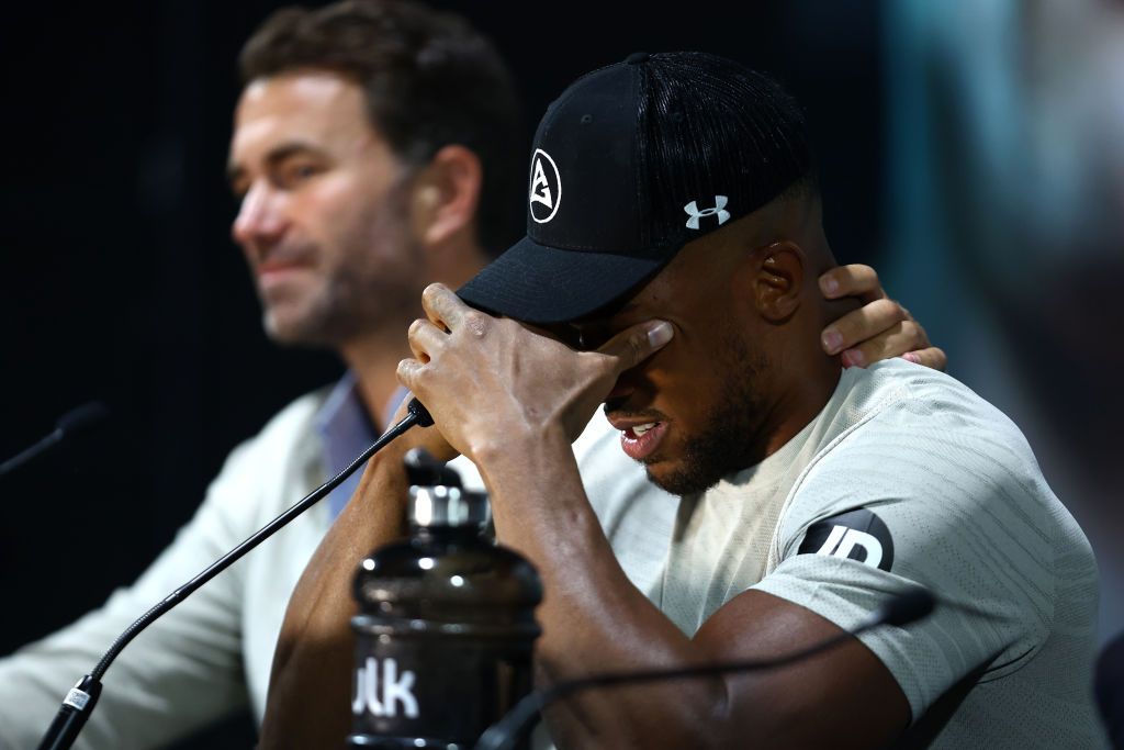 JEDDAH, SAUDI ARABIA - AUGUST 20: Anthony Joshua reacts during a press conference after the Rage on the Red Sea Heavyweight Title Fight at King Abdullah Sports City Arena on August 20, 2022 in Jeddah, Saudi Arabia. (Photo by Francois Nel/Getty Images)