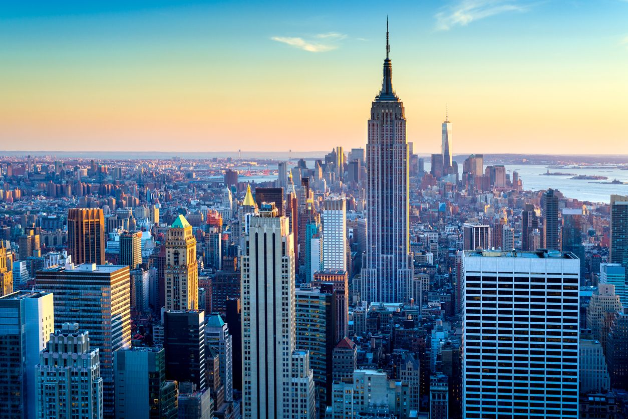 Looking over Manhattan towards the Empire State Building in New York City, USA.