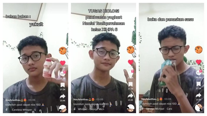 Video pembuatan yogurt dari Naufal untuk tugas sekolah ternyata jadi viral di TikTok. Penontonnya tembus 9 juta kali views.