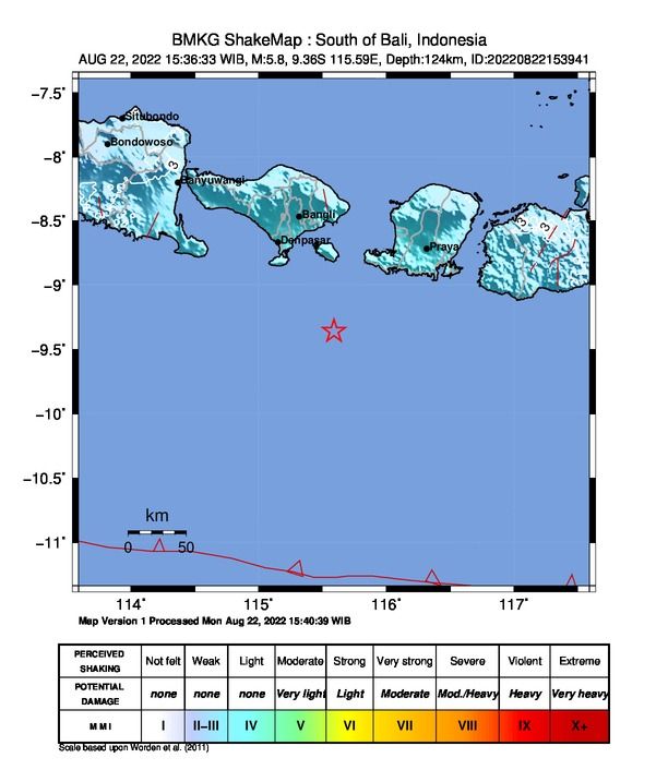 Gempa M 5.8 hari ini mengguncang Bali pukul 15:36:33 Wib, Senin, 22 Agustus 2022.