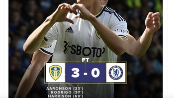 Akun Leeds United tentu merayakan dengan gembira kemenangan telak atas Chelsea. Foto: Twitter