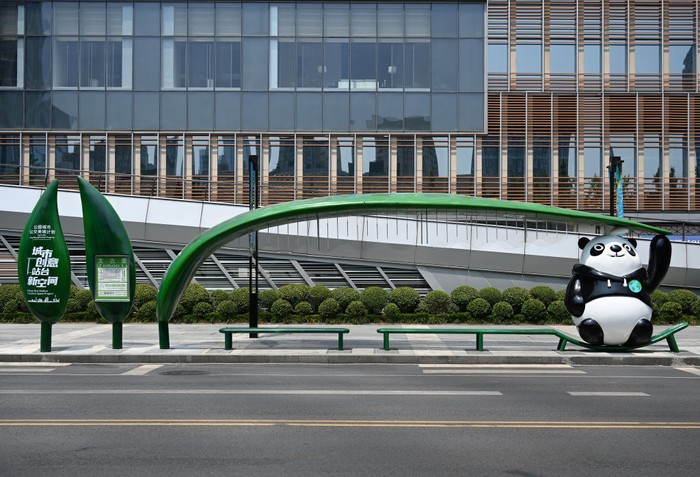 CHENGDU, CHINA - AUGUST 20: A giant panda-themed bus station is put into use at Taikoo Li complex on August 20, 2022 in Chengdu, Sichuan Province of China. (Photo by Chen Yusheng/VCG via Getty Images)
