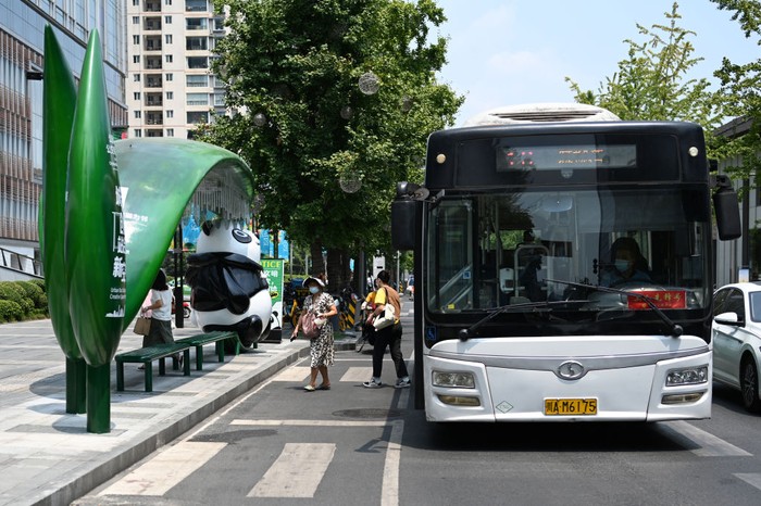 CHENGDU, CHINA - AUGUST 20: A giant panda-themed bus station is put into use at Taikoo Li complex on August 20, 2022 in Chengdu, Sichuan Province of China. (Photo by Chen Yusheng/VCG via Getty Images)