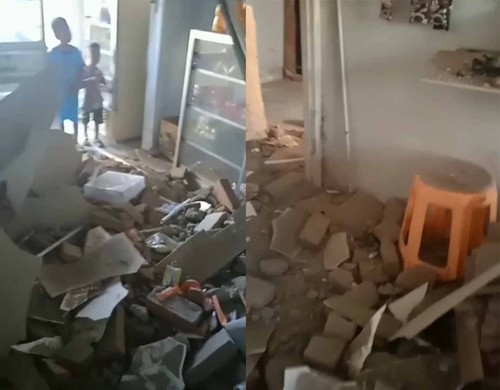 satu rumah warga yang bermukim di BTN Roemah Mandalika, Praya Tengah, Lombok Tengah rusak akibat gempa M 5,8 Bali, Senin (22/8/2022).