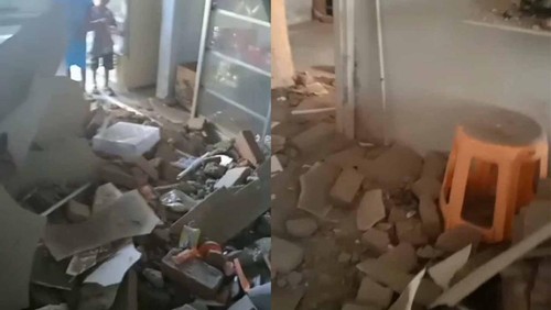 satu rumah warga yang bermukim di BTN Roemah Mandalika, Praya Tengah, Lombok Tengah rusak akibat gempa M 5,8 Bali, Senin (22/8/2022).