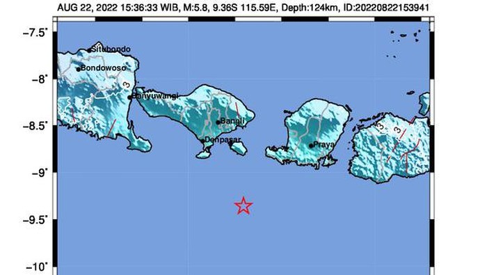 Titik pusat gempa bumi M 5,8 di Bali, Senin (22/9/2022).