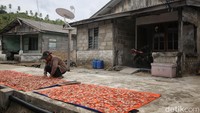 Yanti memeriksa kerupuk ikan yang tengah dijemur di depan rumahnya. Warga Desa Keramut, di Kepulauan Anambas ini menyebut setidaknya ada 100 bungkus kerupuk yang terjual dengan harga Rp 10 ribu per bungkus. Dari penjualan itu, ia bisa mengantongi untung Rp 200 ribu dalam sehari. Namun penghasilan tersebut tak menentu, tergantung pada stok ikan dari nelayan. Selain itu, besaran untung juga sangat dipengaruhi oleh harga bahan baku di pasar.