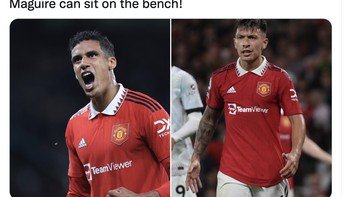 Duet Varane dan Martinez semalam memang impresif dan itulah yang dibutuhkan MU. Maguire duduk saja di bangku cadangan, cetus akun ini. Foto: Twitter