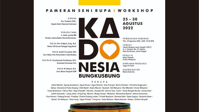 Poster pameran seni rupa dan workshop Kadonesia:BungkusBung! di TBJT Solo, 25-30 Agustus 2022.