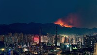 Api yang membakar hutan terlihat dari kejauhan. Tampak lampu Kota Chongqing menyala di bagian depan.