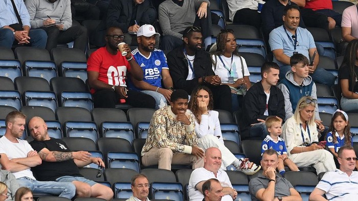 LEICESTER, ENGLAND - AUGUST 20: Wesley Fofana of Leicester City reacts from the stands during the Premier League match between Leicester City and Southampton FC at The King Power Stadium on August 20, 2022 in Leicester, England. (Photo by Michael Regan/Getty Images)