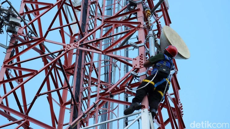 Teknisi XL Axiata sedang melakukan pemeriksaan perangkat base transceiver station (BTS) 4G di atas tower yang berada di Luwuk, Kabupaten Banggai, Sulawesi Tengah, Rabu (24/8).