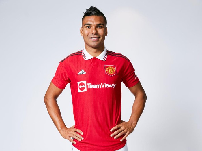 MANCHESTER, ENGLAND - AUGUST 25: (EXCLUSIVE COVERAGE) Casemiro of Manchester United poses after signing for the club at Carrington Training Ground on August 25, 2022 in Manchester, England. (Photo by Manchester United/Manchester United via Getty Images)