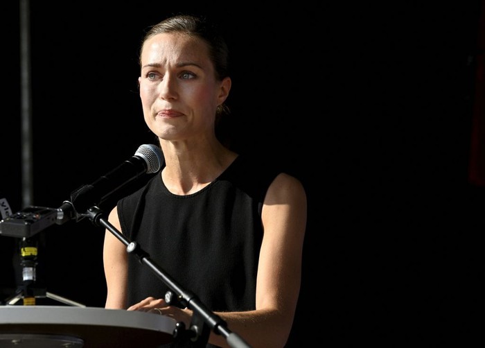 Finnish Prime Minister Sanna Marin gives a speech during a meeting of her Social Democratic party in Lahti, Finland on August 24, 2022. - Marin gave an emotional defence of her work record and her right to a private life after criticism sparked by a video of the 36-year-old partying. - Finland OUT (Photo by Heikki Saukkomaa / Lehtikuva / AFP) / Finland OUT (Photo by HEIKKI SAUKKOMAA/Lehtikuva/AFP via Getty Images)