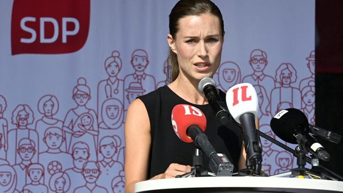 Finnish Prime Minister Sanna Marin gives a speech during a meeting of her Social Democratic party in Lahti, Finland on August 24, 2022. - Marin gave an emotional defence of her work record and her right to a private life after criticism sparked by a video of the 36-year-old partying. - Finland OUT (Photo by Heikki Saukkomaa / Lehtikuva / AFP) / Finland OUT (Photo by HEIKKI SAUKKOMAA/Lehtikuva/AFP via Getty Images)