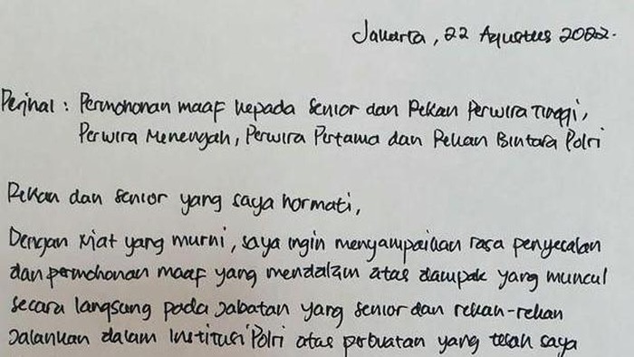 Surat penyesalah dan permintaan maaf Irjen Ferdy Sambo