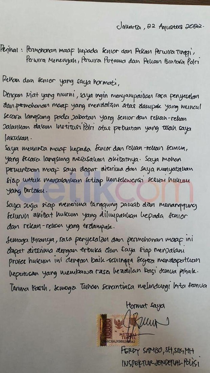 Surat penyesalah dan permintaan maaf Irjen Ferdy Sambo