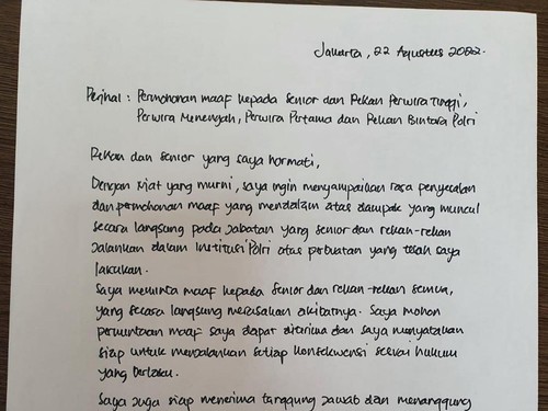 Surat permintaan maaf Ferdy Sambo.