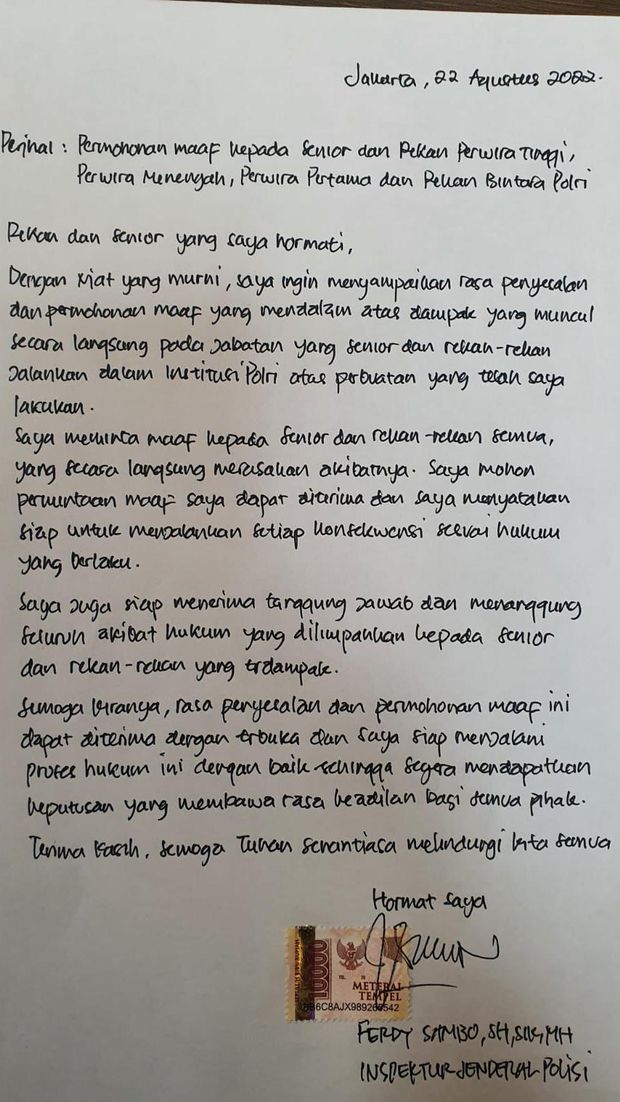 Surat permintaan maaf Ferdy Sambo.